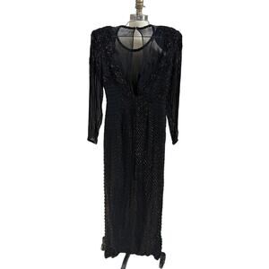80s VTG AJ Bari Black Dress XS 2 Sequined  Beaded Sleeves Party Evening LBD